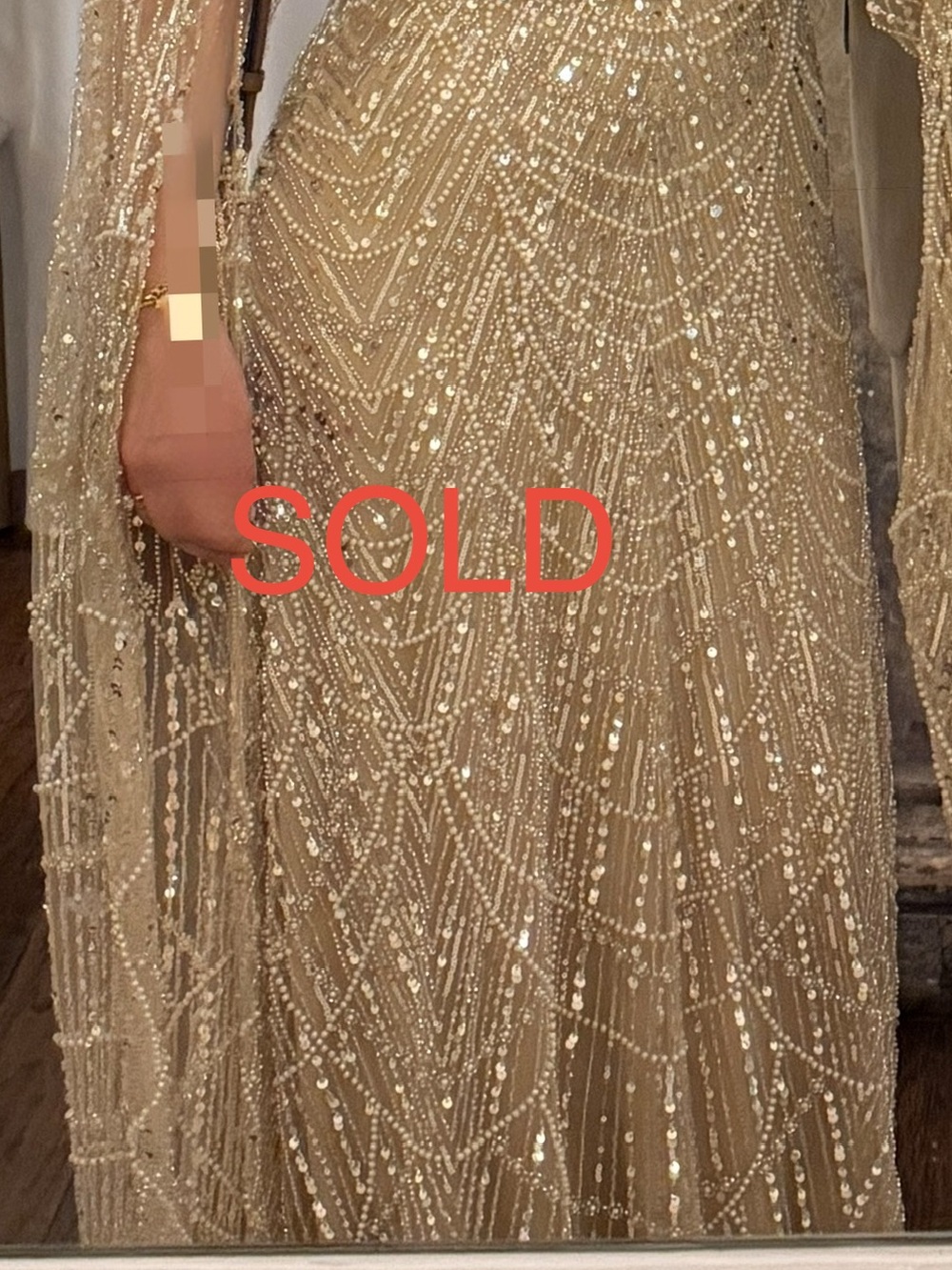 Unk Gold Beaded Long Sleeve Evening Gown